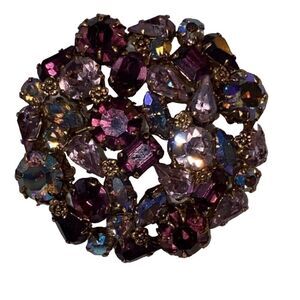 Vintage Round Pink Purple & AB Austrian Crystals Stones Austrian Brooch Pin